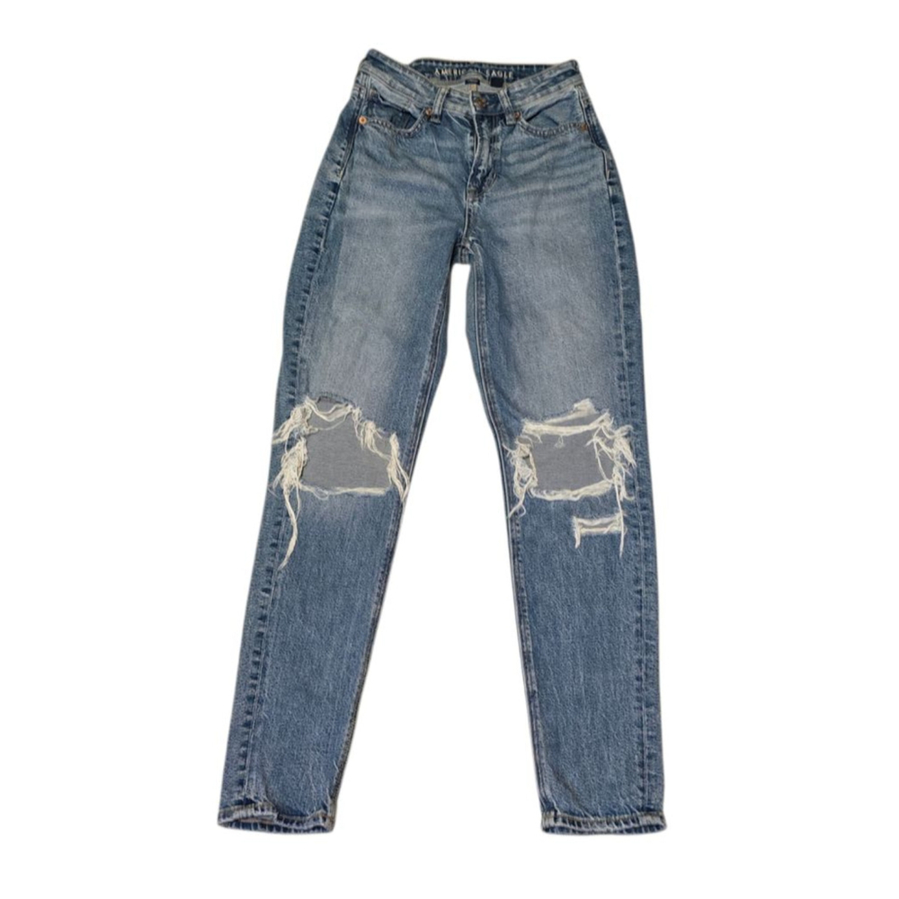 Women's American Eagle Blue Distressed Straight Leg Jeans Size 000